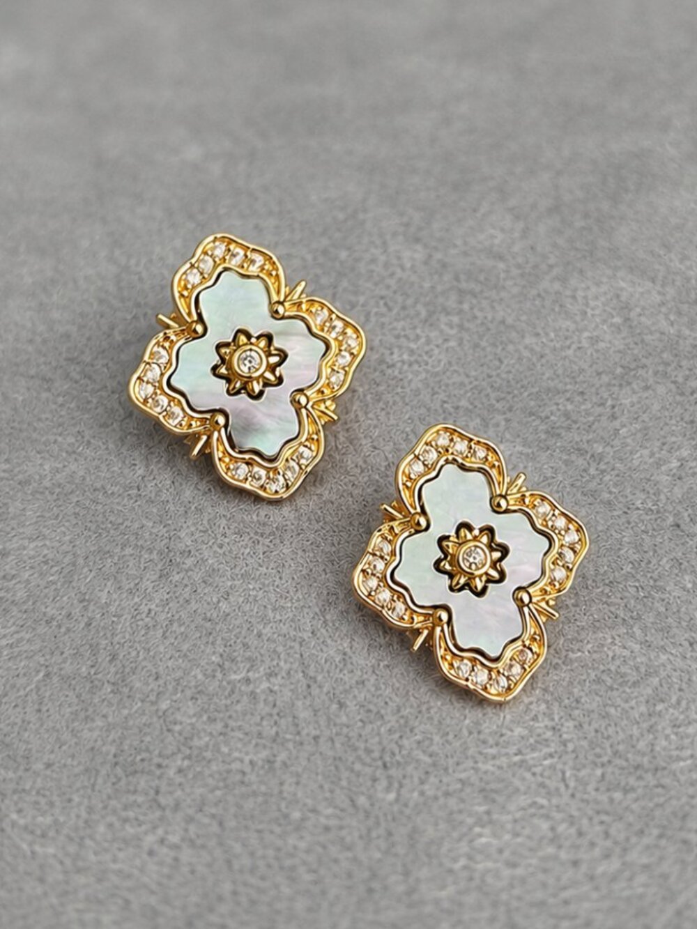 14K Gold Vermeil Floral Pearl Stud Earrings – Mother-of-Pearl with Diamond Halo